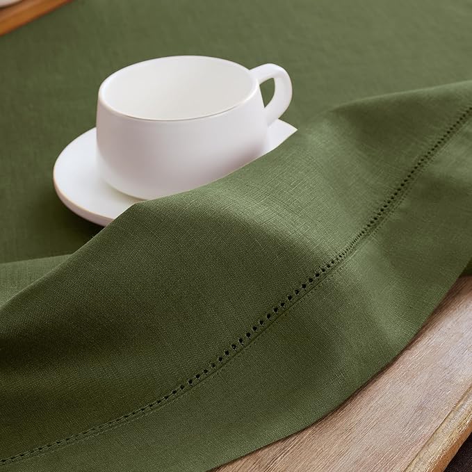 Solino Home Olive Linen Tablecloth 60 x 120 Inch - 100% Pure Linen Hemstitch Table Cloth for Rectangle Tables - Classic Hemstitch, Machine Washable Tablecloth for St Patricks Day