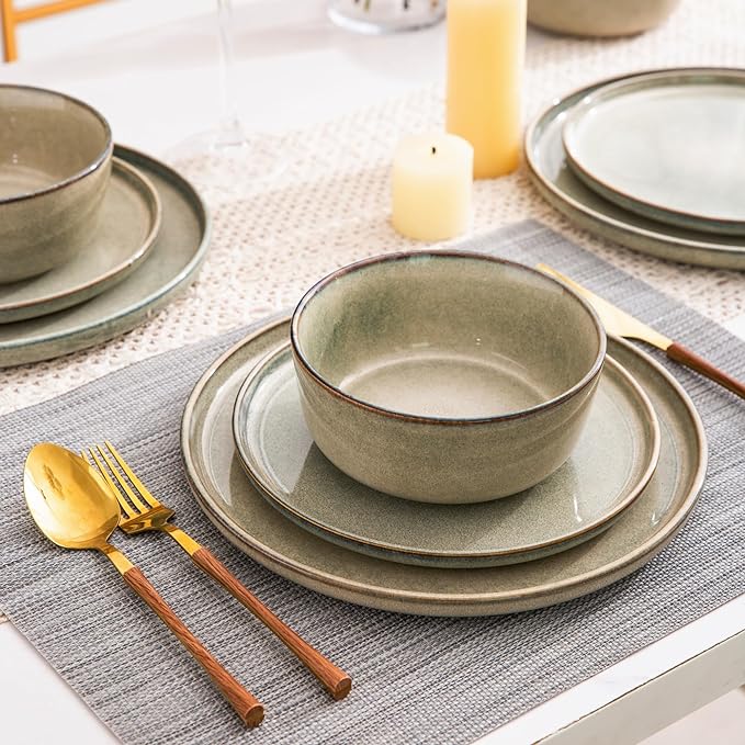 AmorArc Stoneware Dinnerware Sets for 4,Round Reactive Glaze Ceramics Plates and Bowls Set,Highly Scratch Resistant Dishware | Dishwasher & Microwave Safe Dishes Set,Service for 4 (12pc)