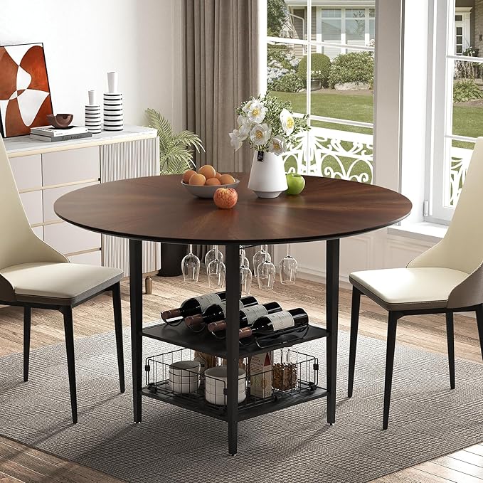 VFK 47" Round Dining Table Set with Storage Steel Legs & Sunburst Design, 5-Piece Modern Wooden Kitchen Set for 4-6 People, Includes 4 Comfortable Chairs for Dining Room, Living Room or Kitchen