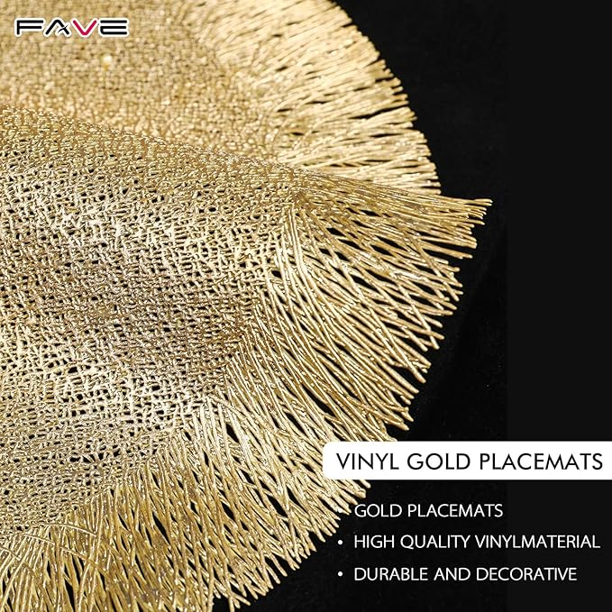 FAVE Gold Round Vinyl Placemats Set of 6, Washable Hollow Out Tassel Place Mats for Table Decoration, Daily Table Use, Holiday Decoration(15 inch,6PCS)