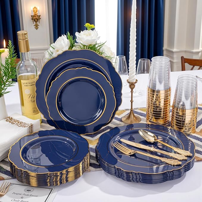 KIRE 210Pcs Navy Blue Plastic Plates - Blue Plates Disposable - 30guest Baroque Plastic Dinnerware for Upscale Wedding/Parties