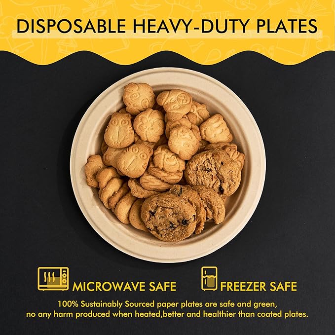 RACETOP Compostable Paper Plates 7 Inch [125 Pack], Disposable Biodegradable Heavy Duty Paper Plates, Made of Natural Sugarcane Fibers, Unbleached Brown, Round