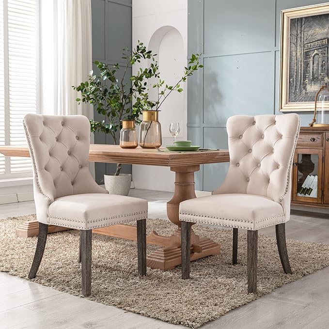 KCC Velvet Dining Chairs Set of 2, Upholstered High-end Tufted Dining Room Chair with Nailhead Back Ring Pull Trim Solid Wood Legs, Nikki Collection Modern Style for Kitchen, Beige