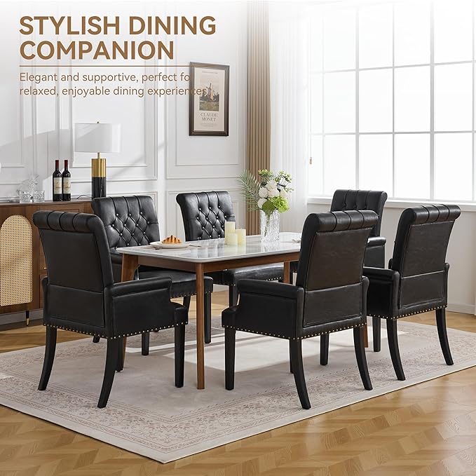 PU Leather Dining Chair with Arms, Upholstered Tufted High Back Dining Room Chairs, Accent Armchair with Solid Wood Leg and Nailhead Trim, Kitchen Dining Living Room, Black