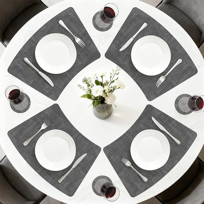 Round Table Placemats Set of 4, Wedge Shaped Faux Leather Table Mats, Heat Resistant Wipeable Washable Place Mats for Dining Table Dinner Kitchen Indoor Outdoor