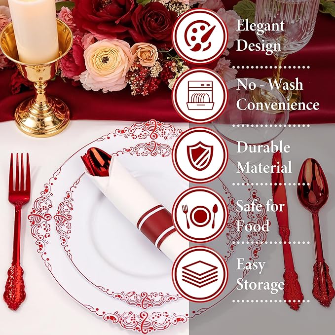Nervure 100Pcs White and Red Plastic Plates - Heavyweight Red Disposable Plates - Plastic Plate Include 50Pcs 10.25inch Dinner Plate & 50Pcs 7.5inch Dessert Plate for Wedding & Party