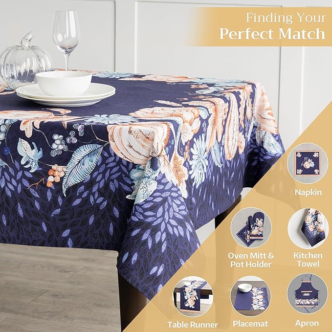 Maison d' Hermine Table Cloth Square Table 100% Cotton 60 x 60 Inches Fall Tablecloth Reusable Everyday Use for Thanksgiving Christmas Decorations Dining Farmhouse Party (Pumpkin Blues)