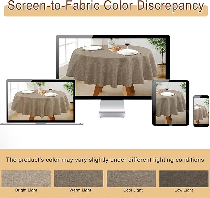 JIUZHEN Round Table Cloth Faux Linen Farmhouse Tablecloth Wrinkle and Stain Resistant Decorative Fabric Table Cover for Kitchen, Dining Room, Parties and Camping, Khaki, 80 Inch Round