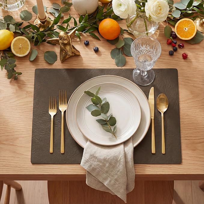 Artoid Mode Coffee Faux Leather Placemats Set of 4, 12x18 Inch Waterproof Wipeable Heat Resistant Vinyl Place Mats, Reversible Table Mats for Kitchen Dining Decor