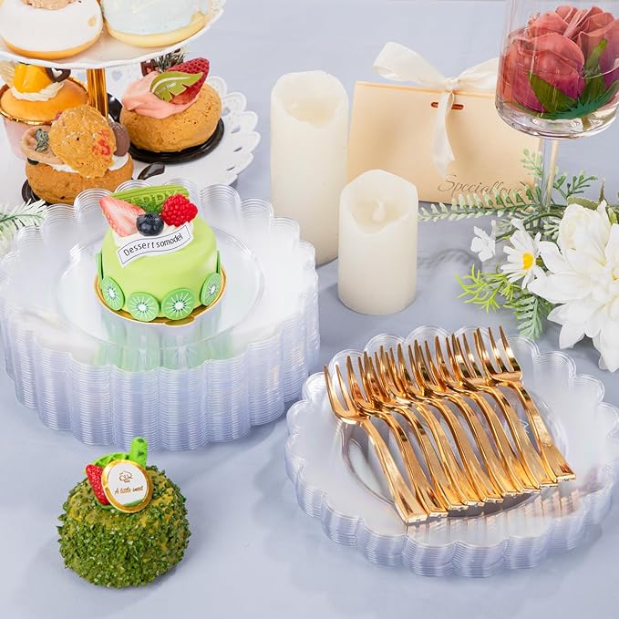 LIYH 200 Pcs Clear Plastic Plates and Gold Forks Disposable Dessert Plates 7.5" Clear Cake Plate,Baby Shower Plate Set for Weddings Birthday Bridal Showers Afternoon Tea