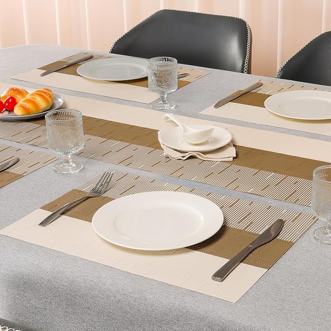Placemats Set of 6, Vinyl Woven Place Mats Indoor Set of 6 Washable Wipeable PVC Table Mats Heat-Resistant Non Slip Placemat for Kitchen Dining Outdoor Table (Beige Light Brown, Set of 6)