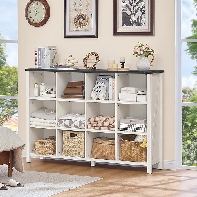 12 Cube Storage Organizer, Farmhouse 62 Inch Warm White Display Bookshelf, Wooden 3 Tier Large Open Book Shelf, Modern Bookcase for Home Office, Rustic Cubby Cabinet for Living Room, Bedroom