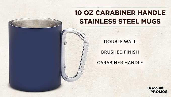 DISCOUNT PROMOS Stainless Steel Mugs with Carabiner Handle 10 oz. Set of 10, Bulk Pack - Perfect for Coffee, Soda, Other Hot & Cold Beverages - Navy Blue