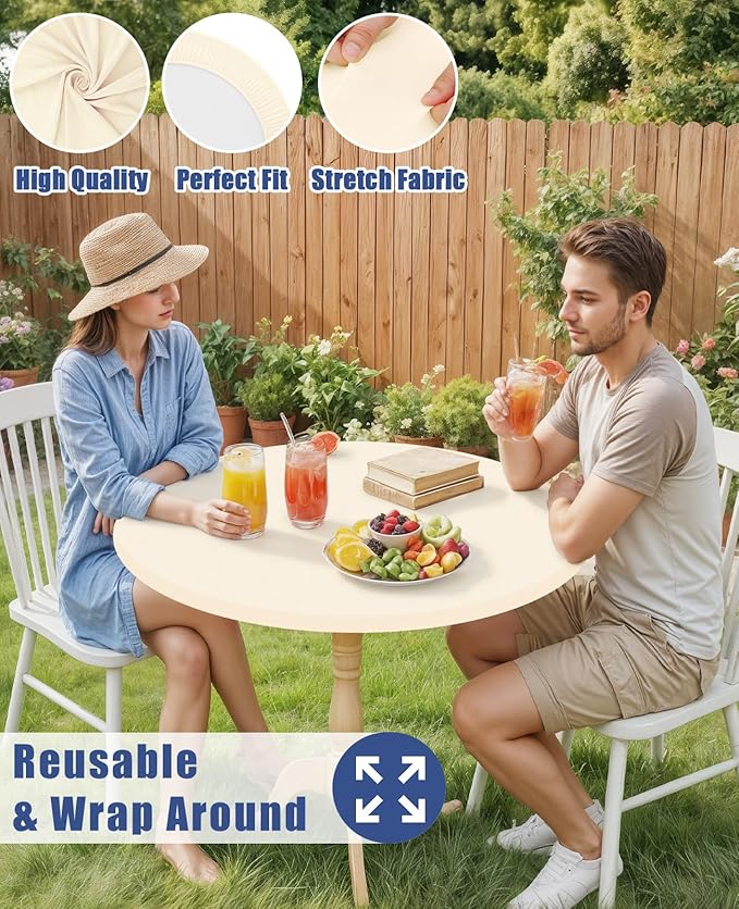 Round Spandex Tablecloth 2 Pack, Elastic Fitted Waterproof Tablecloths for 57"-68" Tables, Stretch Washable Picnic Table Cover for Camping, Dining, Indoor and Outdoor, Beige