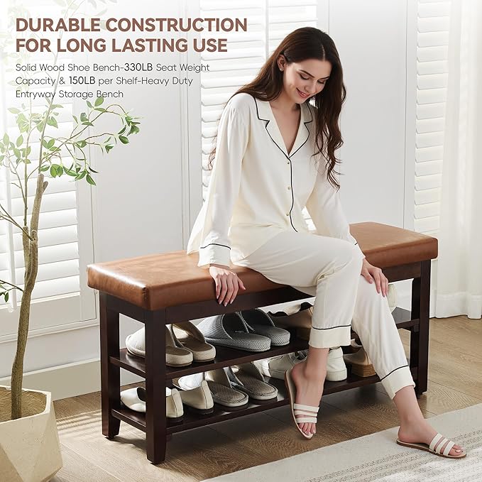 40" Shoe Bench with Leather Cushion, 2-Tier Shoe Rack Entryway Bench, Wood Bench for Front Door Entrance, Mudroom, Hallway, Wooden Shoe Shelves, Shoe Organizer, Shoe Storage, Light Brown