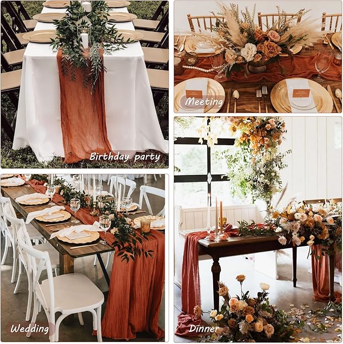 12 Pack 10Ft Cheesecloth Boho Gauze Table Runner - 35x120 Inch Rustic Cheese Cloth Long Romantic Table Runner for Wedding Bridal Shower Birthday Party Decor (Terracotta)