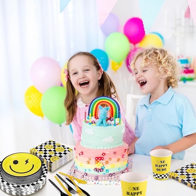 Kochorie 400 Pieces One Happy Dude Disposable Party Tableware Sets Including Plates Cups Napkins Cutlery Serves 50 for Smiley Party 1st Birthday Preppy Party Decorations