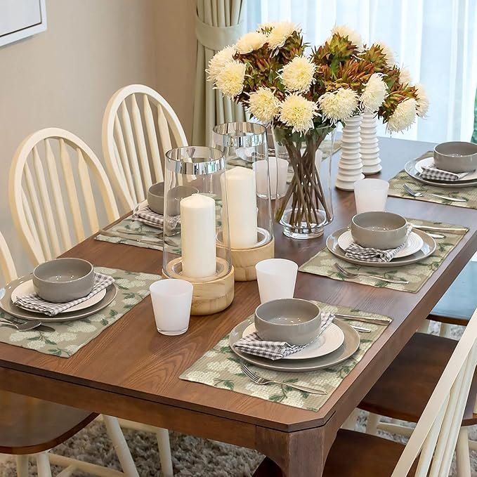 Beige Placemats Set of 4 Khaki Green Hydrangea Flower Decor Place Mats 12x18 Inch Vintage Floral Spring Summer Seasonal Decorative Linen Table Mats for Kitchen Dining Party Table Decoration