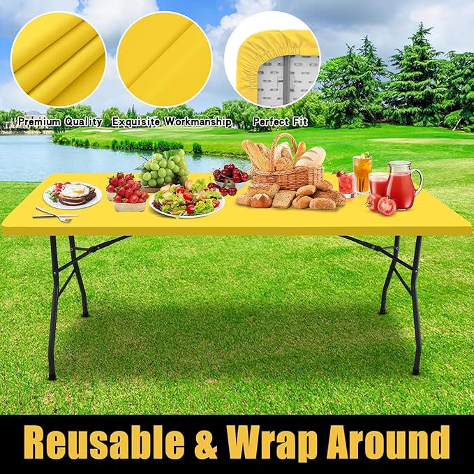 Smiry Rectangle Picnic Table Cloth, Waterproof Elastic Fitted Tablecloths for 4 Foot Tables, Washable Polyester Table Cover for Camping, Indoor and Outdoor (Yellow, 30"x48")