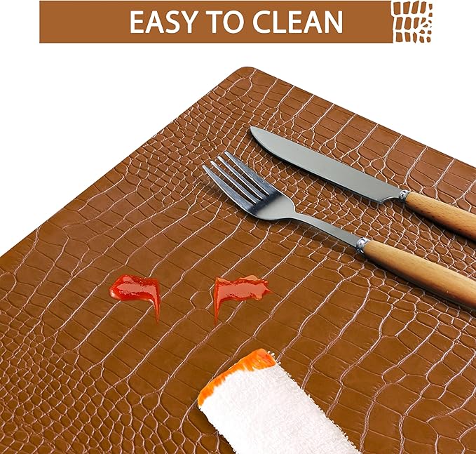 Jovono Faux Leather Placemats Set of 6, Waterproof Heat Resistant Dinner Place Mats for Dining Table, Non-Slip Crocodile Embossed, Brown (17.8x11.8 Inch)