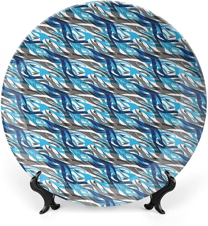 Ceramic Plates, Abstract Decorative Ceramic Plates, Modern Art Stripes Swirls Waves Trippy, 6 Inch, for Dining, Parties, Wedding, Grey Blue White