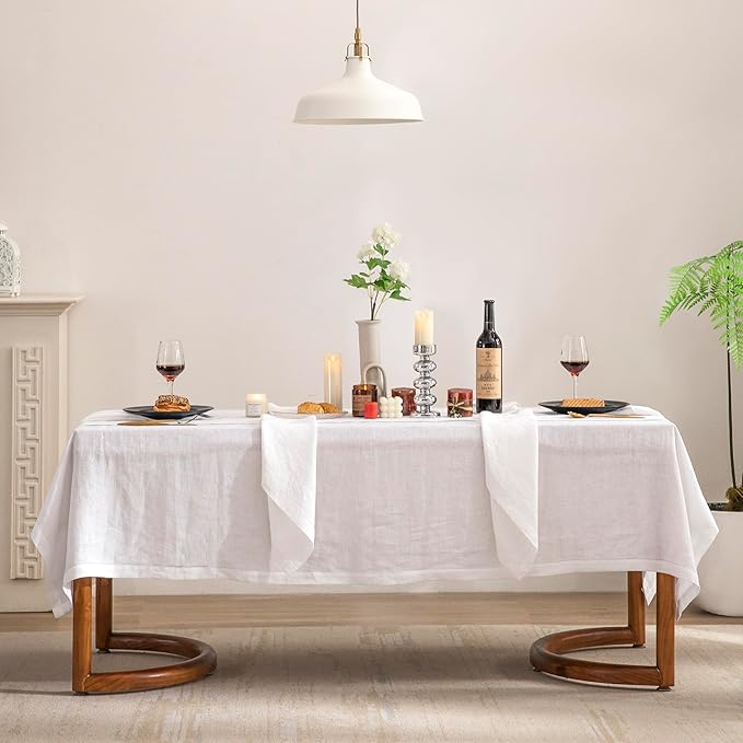 EVERLY Pure Linen Hemstitch Tablecloth,100% Stonewashed French Linen tablecloths for Kitchen Dining Rectangle Tables,60x84Inch Machine Washable Christmas Thanksgiving Organic Tablecloth-White