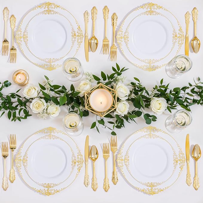 Nervure 100Pcs White and Gold Plastic Plates - 7.5inch Gold Disposable Plates - Heavyweight Plastic Dessert Plate for Wedding & Party