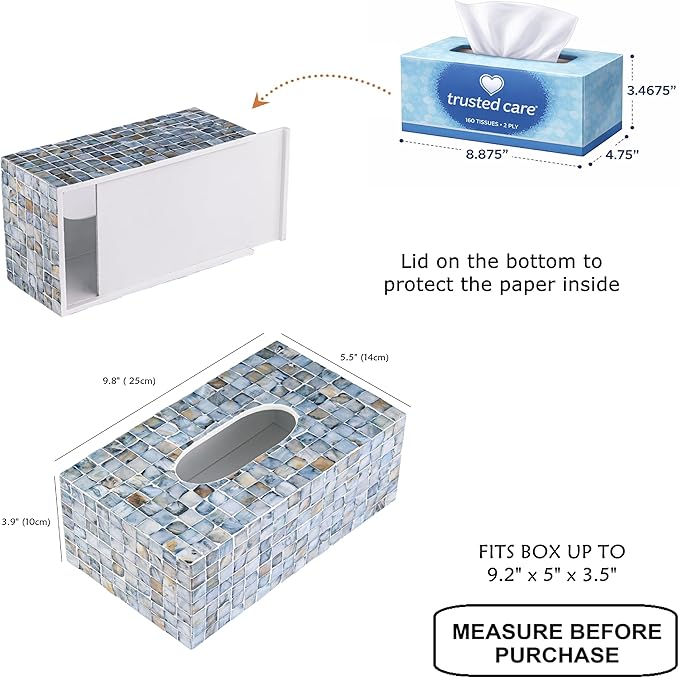 PEMAR Rectangular Mother of Pearl Tissue Box Capiz Shell Handmade Rectangle Tissue Box Cover Holder Decorative Napkin Dispenser Organizer Rustic Farmhouse Vintage Decor (Blue)