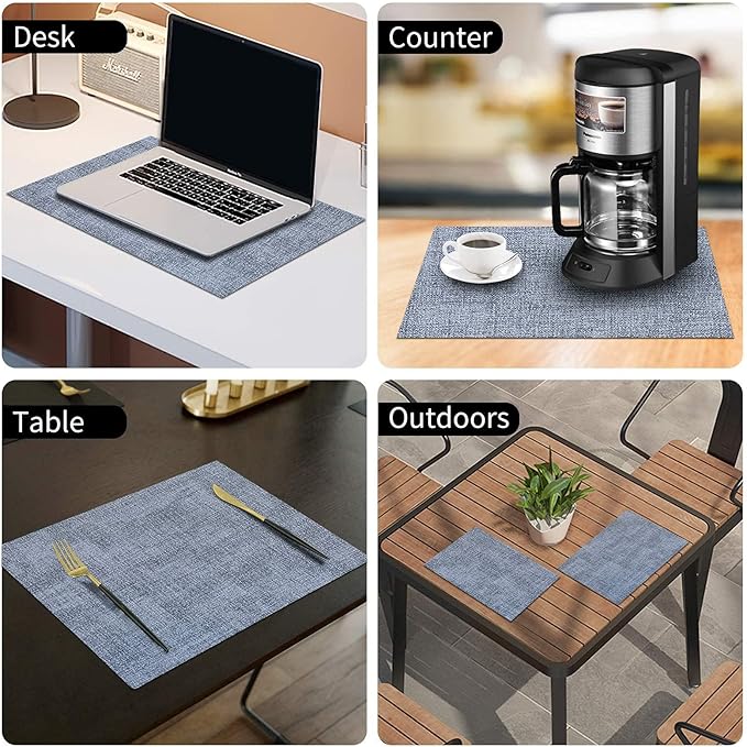 homing Faux Leather Heat Resistant Placemats 12 Packs, Waterproof Wipeable Dining PU Place Mats for Indoor & Outdoor, Easy to Clean, Denim Blue