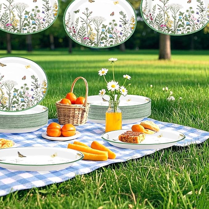 50Pcs Wildflower Oval Paper Plates 10" x 12" Large Disposable Heavy Duty Vintage Green Wildflower Platters Spring Butterfly Flowers Dessert Plates for Seasonal Lunch Dinner Tea Picnic Party Supplies