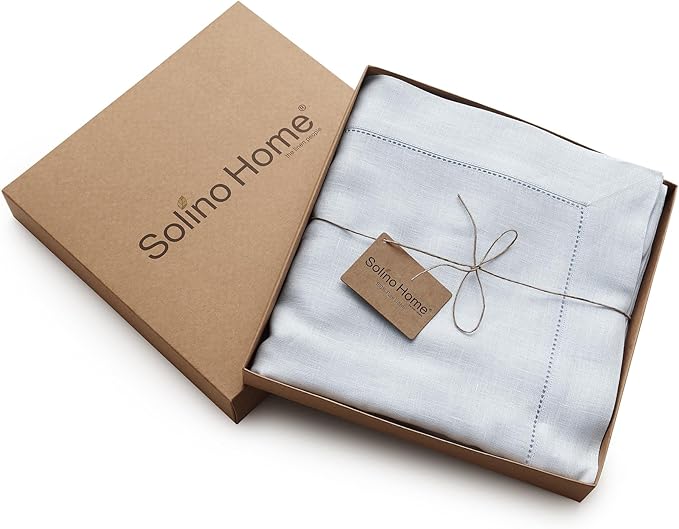 Solino Home Light Blue Linen Tablecloth 60 x 132 Inch - 100% Pure Linen Hemstitch Table Cloth for Rectangle Tables - Classic Hemstitch, Machine Washable Tablecloth for Spring, Easter