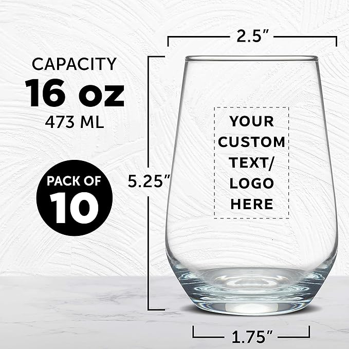 DISCOUNT PROMOS 10 Vaso Silicia Stemless Wine Glasses Set, 16 oz. - Personalized Text, Logo - Clear, Orb-Like, Thick base - Clear