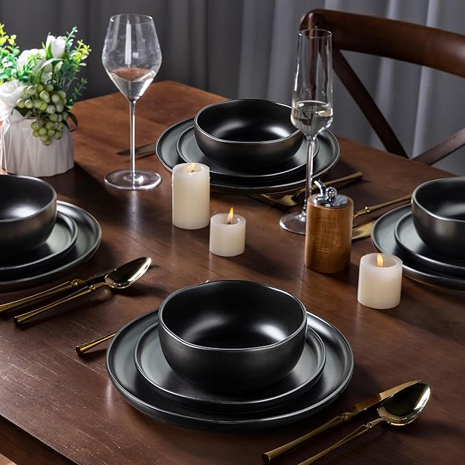 AmorArc Ceramic Dinnerware Sets, Wavy Rim Stoneware Plates and Bowls Sets,Dishwasher & Microwave & Oven Safe Dishes set, Service for 6 (18pc)-Matte Black