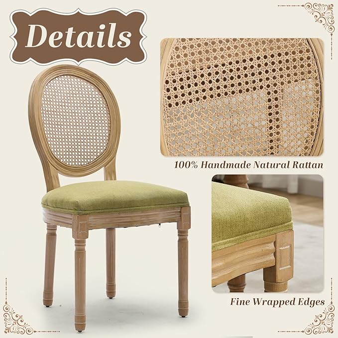 SoarFlash French Dining Chairs Set of 2, Vantage Dining Chair with Round Back, Wood Leg Farmhouse Country Rattan Dining Chair for Kitchen,Bedroom,Olive Green