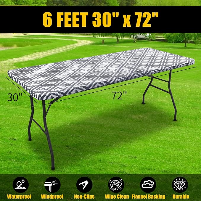 Smiry Rectangle Table Cloth Cover, Waterproof Elastic Fitted Picnic Tablecloth for 6 Foot Tables, Wipeable Flannel Backed Vinyl Tablecloths for Camping, Dining, Outdoor (Grey, 30" x 72")