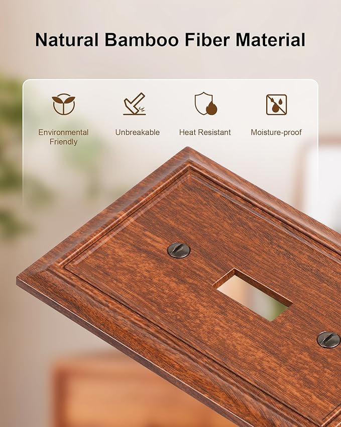 2-Pack Single Toggle Light Switch Cover Plate, Durable Natural Bamboo Fiber Decorative Switch Plate Covers, Wood Grain 1 Gang Wall Plate, Corrosion Resistant