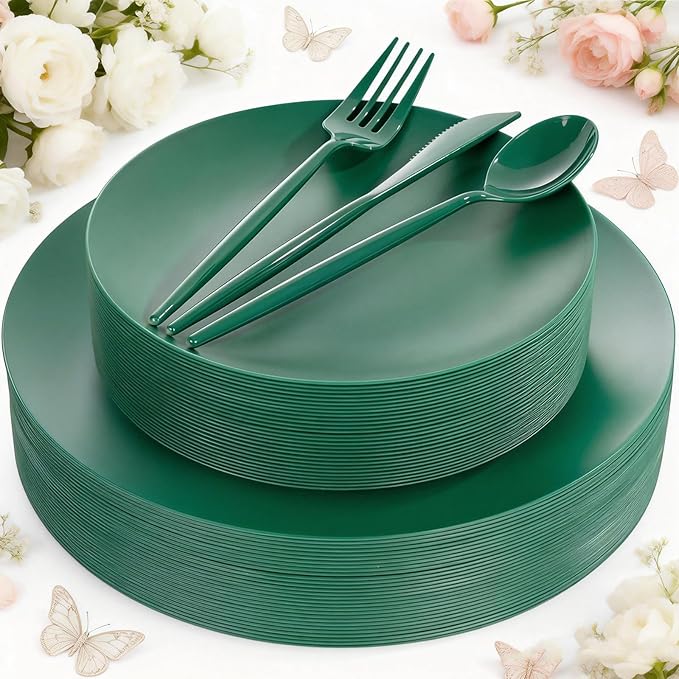EI 150pcs Green Plastic Plates,Green Disposable Plates Heavy Duty,Fancy Plastic Dinnerware Set,Dinner Plate for Party,Picnic,Birthday,Wedding Afternoon Tea Spring