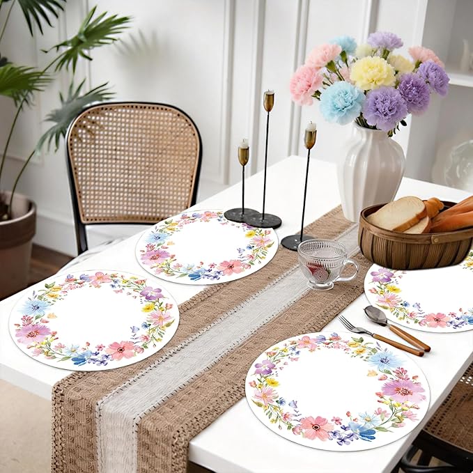 50PCS Floral Placemats Vibrant Watercolor Wildflower Disposable Paper Placemats Round Table Mats for Summer Parties, Weddings & Brunch