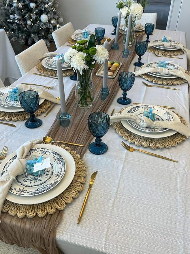 13.8" Set of 4 Round Corn Husk Placemats | Boho Woven Rattan Table Mats | Farmhouse Wicker Spring Plate Chargers Like Water Hyacinth, Seagrass for Wedding, Party, Christmas, Events