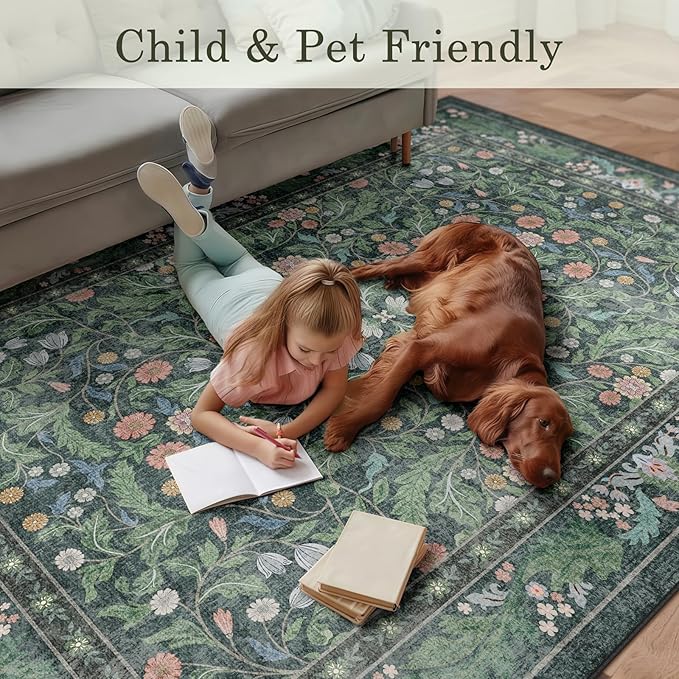 Green Floral 8x10 Area Rugs for Living Room Large Washable Rug Vintage Forest Low Pile Non Slip Stain Resistance Soft Carpet for Dining Room, Bedroom, Office Rug, Kids Room, Nursery Room, Playroom