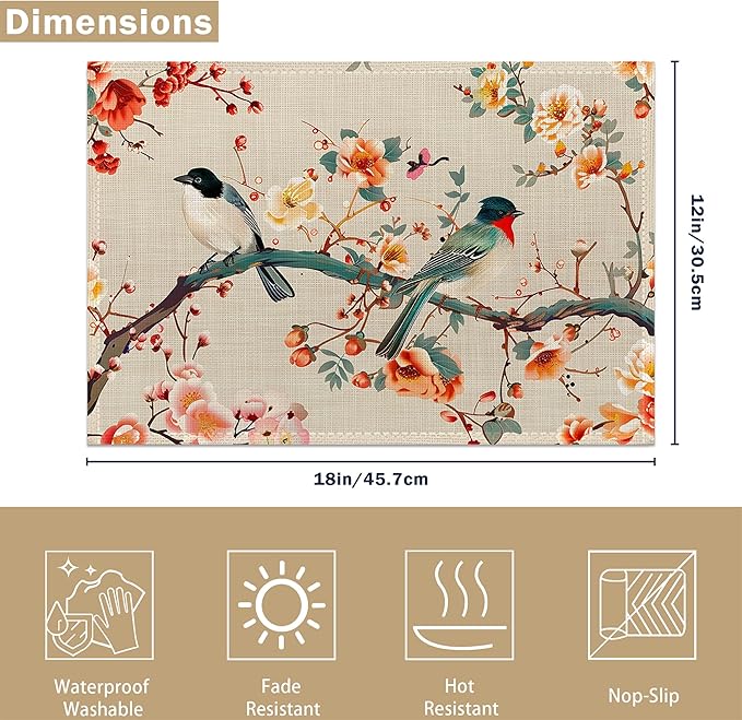 Vintage Bird Painting Placemats Set of 6, Linen Washable for Christmas, Thanksgiving, Party, and Daily Dining, Decorative Table Mats for 4-6 Person Table