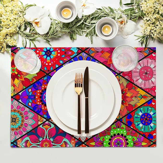 Boho Placemats Set of 4 - Bohemian Flowers Place Mats 12x18 Colorful Floral Table Mats Kitchen Mats for Party Dining Table