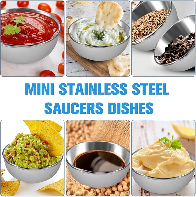 20 Pack 3.2 inch Stainless Steel Sauce Dishes 3.5 oz Mini Individual Saucers Bowl Round Seasoning Dishes Bowl Serving Appetizer Plates for Kitchen Prep Side Dish Soy Sauce Sushi Dip (20)
