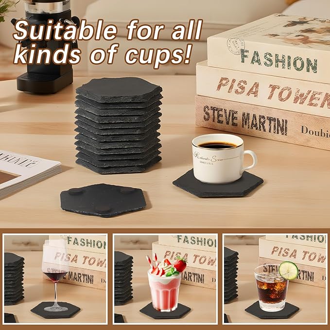 48PCS Slate Coasters for Laser Engraving, 4inch Black Beverage Coasters for Hand Painting, Non-Slip Bottom Mat, Home Office Kitchen Gift Wedding Bar Party Hexagon