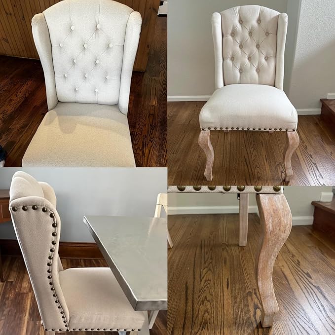 chairus Tufted Parsons Dining Chairs Set of 8, French Country Upholstered Dining Room Chairs with Nailhead Trim & Curved Wood Legs, Farmhouse High Back Armless Side Kitchen Chairs, Beige Linen