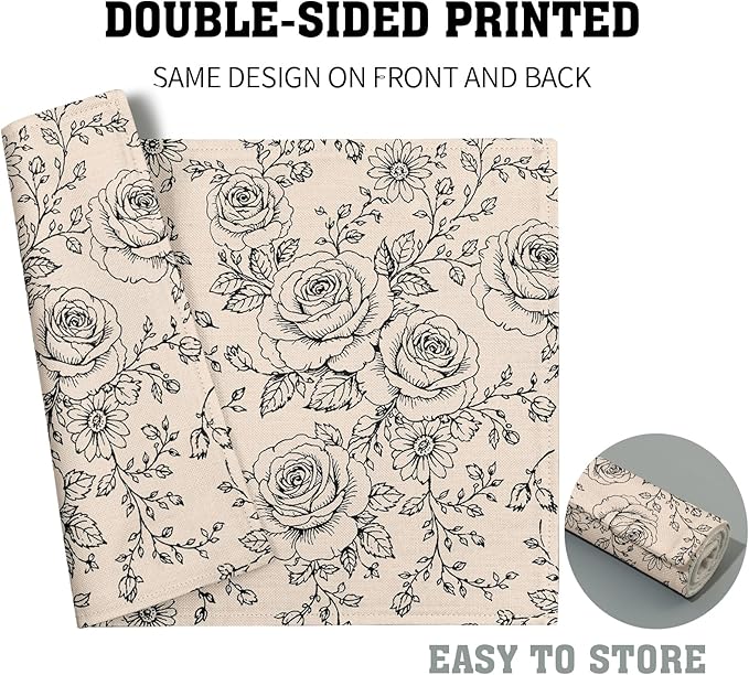 Rustic Floral Placemats - Country Place Mats Set of 4 Farmhouse Rose Flowers Tablemats 12x18 for Party Kitchen Dining