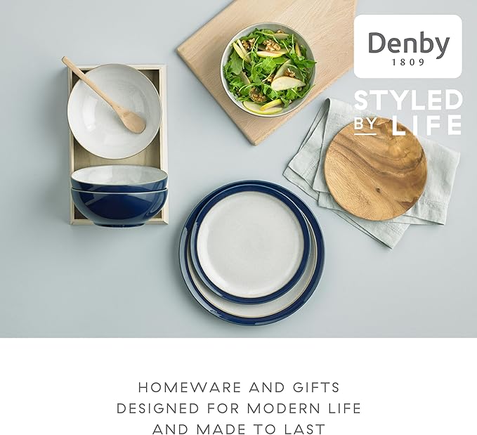 Denby - Elements Dark Blue Cereal Bowls Set of 4-28oz Everyday Soup, Dessert Bowls - Contemporary Design - Dishwasher & Microwave Safe Ceramic Stoneware Tableware - Scratch Resistant