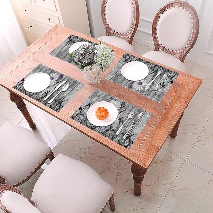 Placemats Set of 6 Rustic Floral Place Mats Farmhouse Daisy Woven Table Mats Washable Purple White Flower PVC Placemat for Dining Kitchen Decor Indoor Outdoor, 12 x 18 Inch