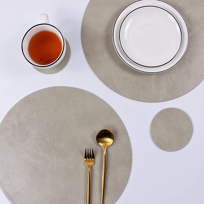 Set of 6 Faux Leather Round Placemats and Coasters, Coffee Mats Kitchen Table Mats, Waterproof, Easy to Clean for Kitchen Dining Round Table
