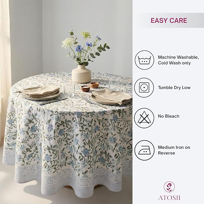 ATOSII Mahoka Blue 100% Cotton Round Tablecloth, Block Print Floral Table Cloth for Dining, Parties, Weddings, Outdoors, Holidays I 60" Inches I Grandmillennial Farmhouse Boho Spring Summer